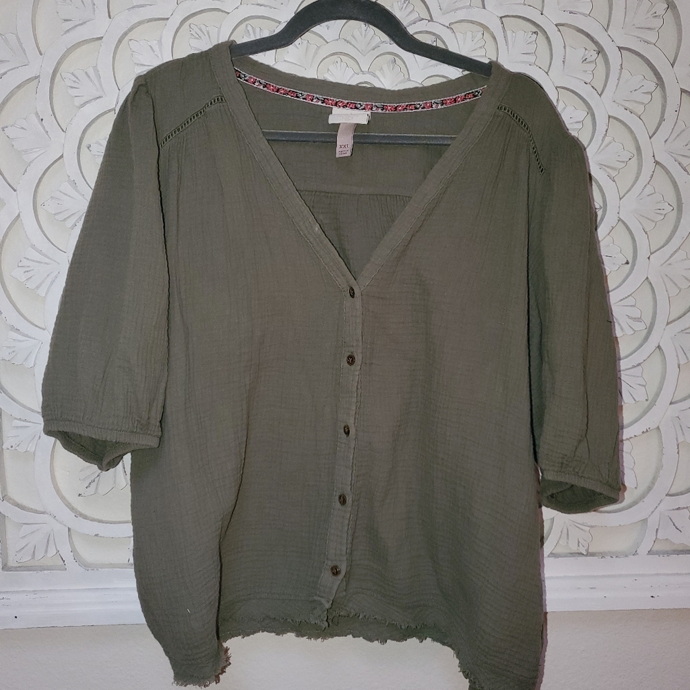 Knox Rose Cotton Gauze Distressed Button Down Blouse XXL